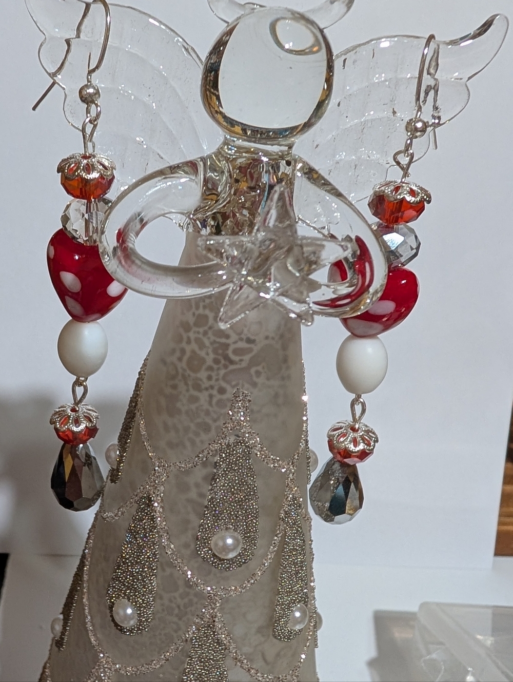 NWOT Handmade Red Polka Dot Glass Bead Dangle Earrings
